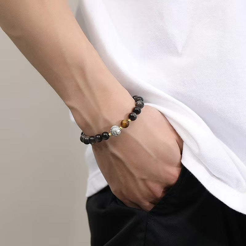 Silver Koi Fish Obsidian Men`s Bracelet-Prosperity Luck