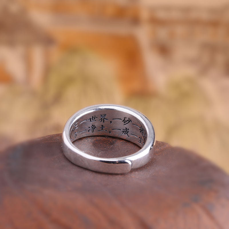 925 Sterling Silver Open Ring – Women’s Thai Silver Vintage Band with Six True Words Mantra
