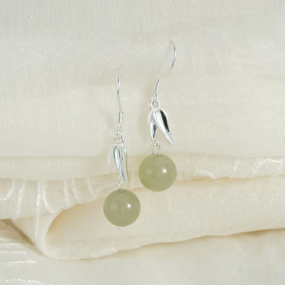 Bamboo Leaf Green Jade Drop Earrings – Gentle Harmony in 925 Sterling Silver