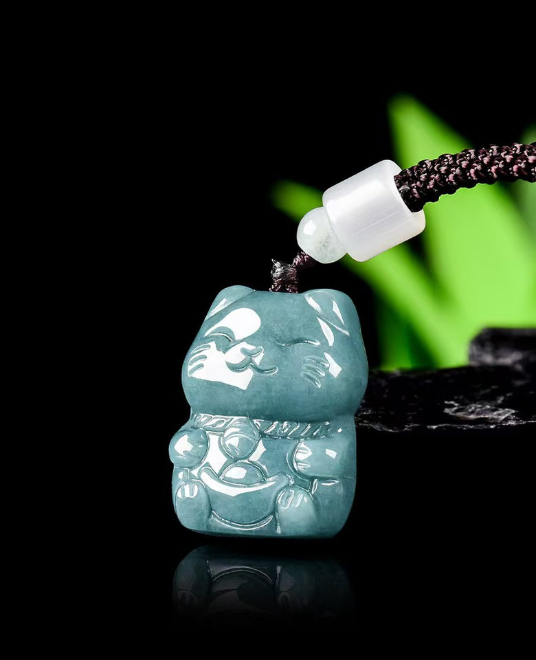 Blue Jade Wealth Cat Pendant – Prosperity, Fortune & Joy