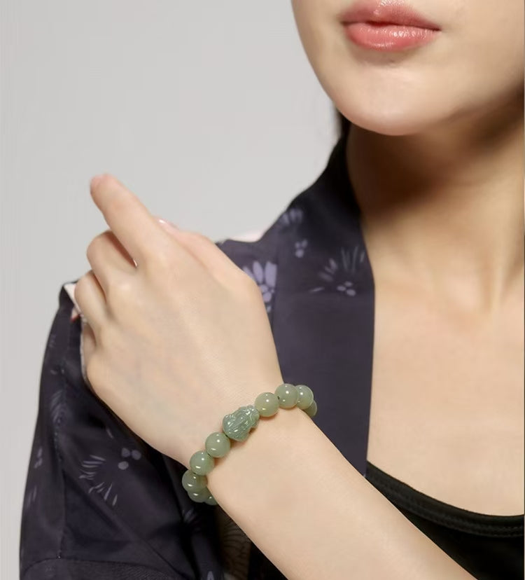 Natural Hetian Jade Pixiu Fortune Bead Bracelet-Attract Wealth