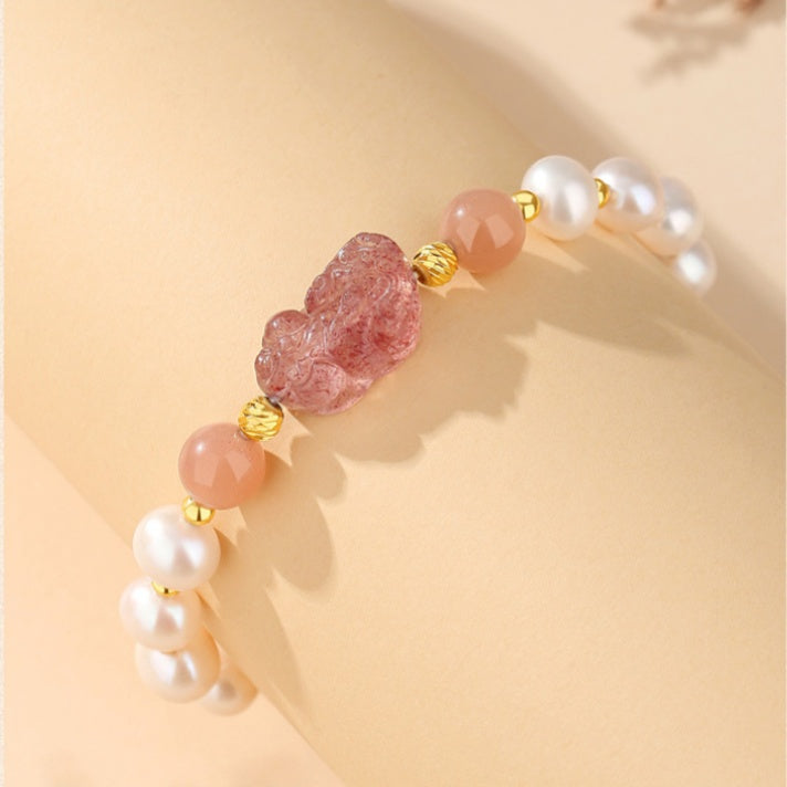 Pixiu Strawberry Quartz Sunstone Freshwater Pearl Bracelet-Joyful Blessings