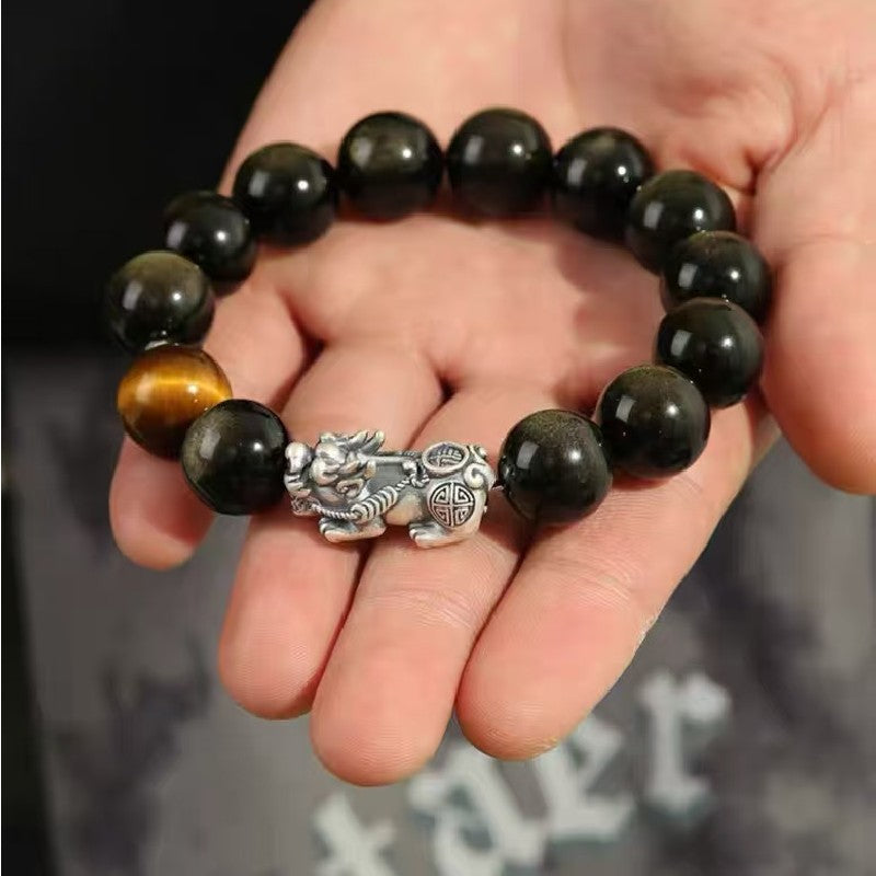 999 Silver Pixiu Gold Obsidian Bracelet-Attract Luck