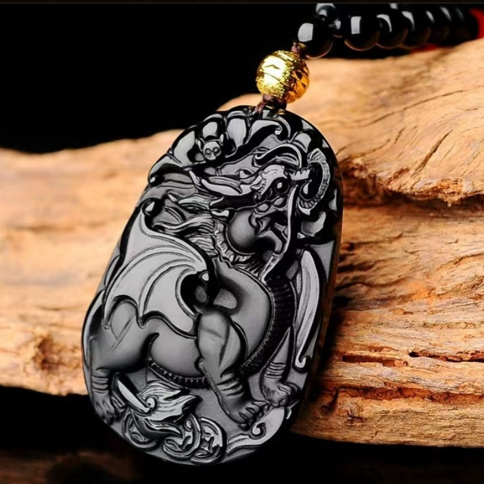 Black Obsidian “Flying Pixiu” Pendant – Hand-Carved Guardian of Wealth & Power