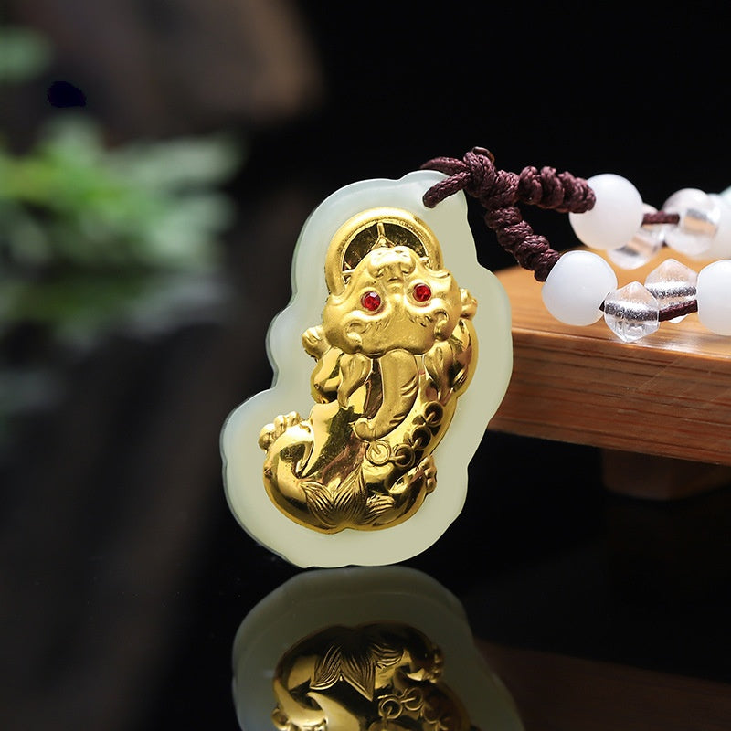 Goldener Pixiu Natur-Weißjade Glücksanhänger