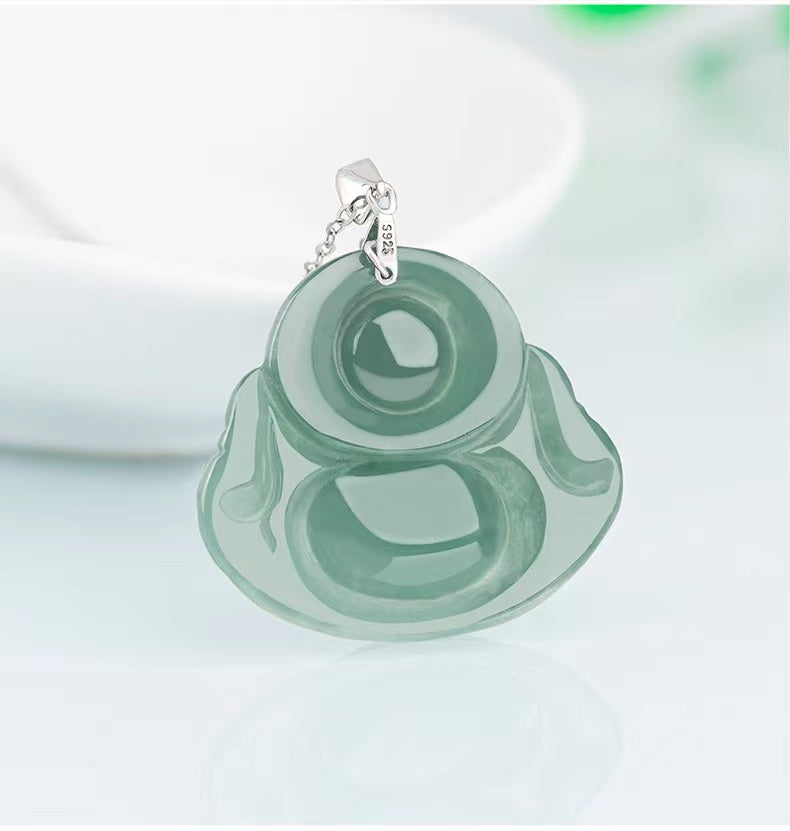Laughing Buddha Lucky Pendant-Natural Green Jade