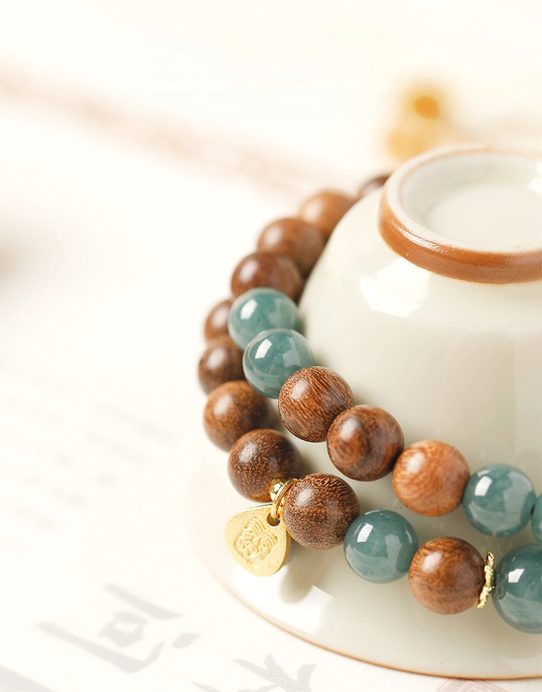 Sandalwood Blue Jadeite Double-Wrap Bracelet-Grounded Clarity