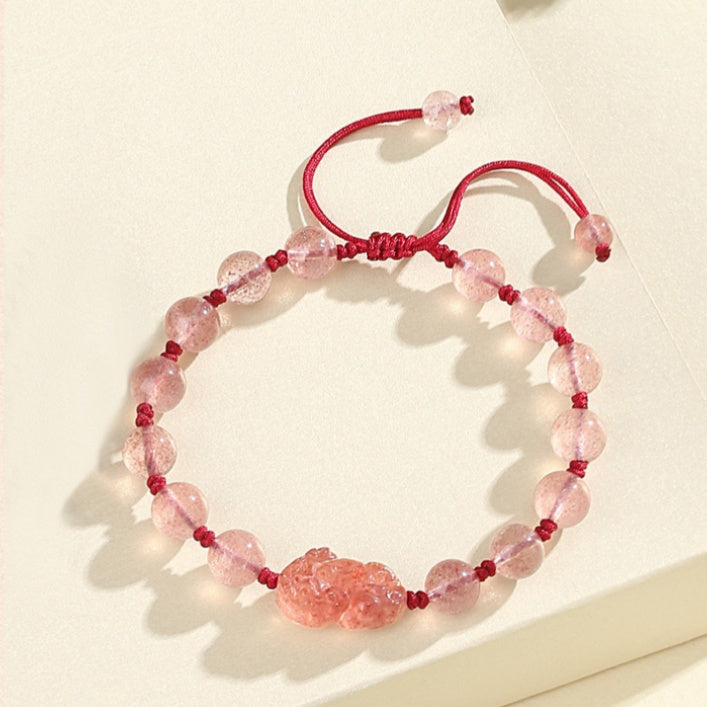 Pixiu Silver Sheen Obsidian and Strawberry Quartz Couple Bracelet Set-Auspicious Fortune
