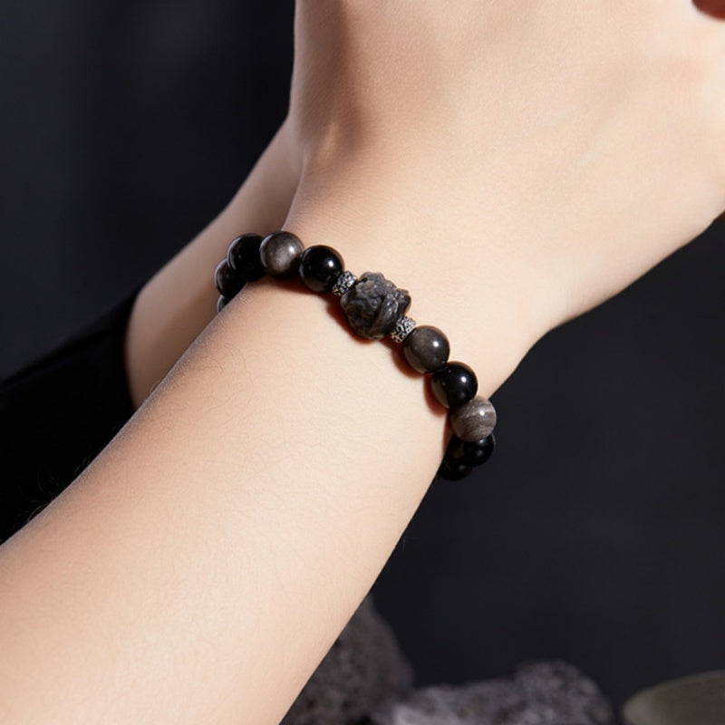 Awakened Lion-Silver Sheen Obsidian Fine Silver Bracelet