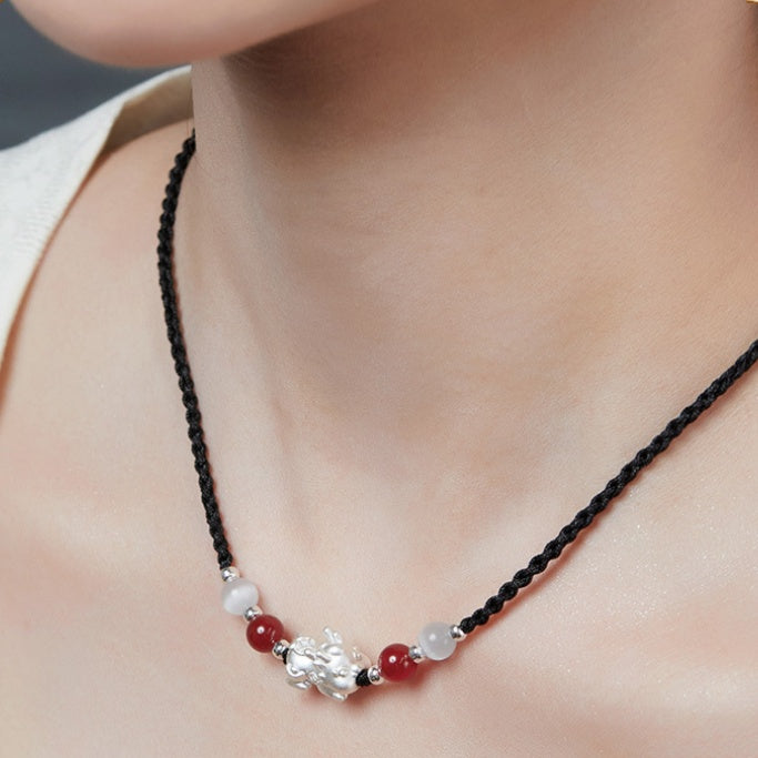 Pixiu Obsidian and Red Agate Braided Couple Necklace Set-Good Fortune Ahead
