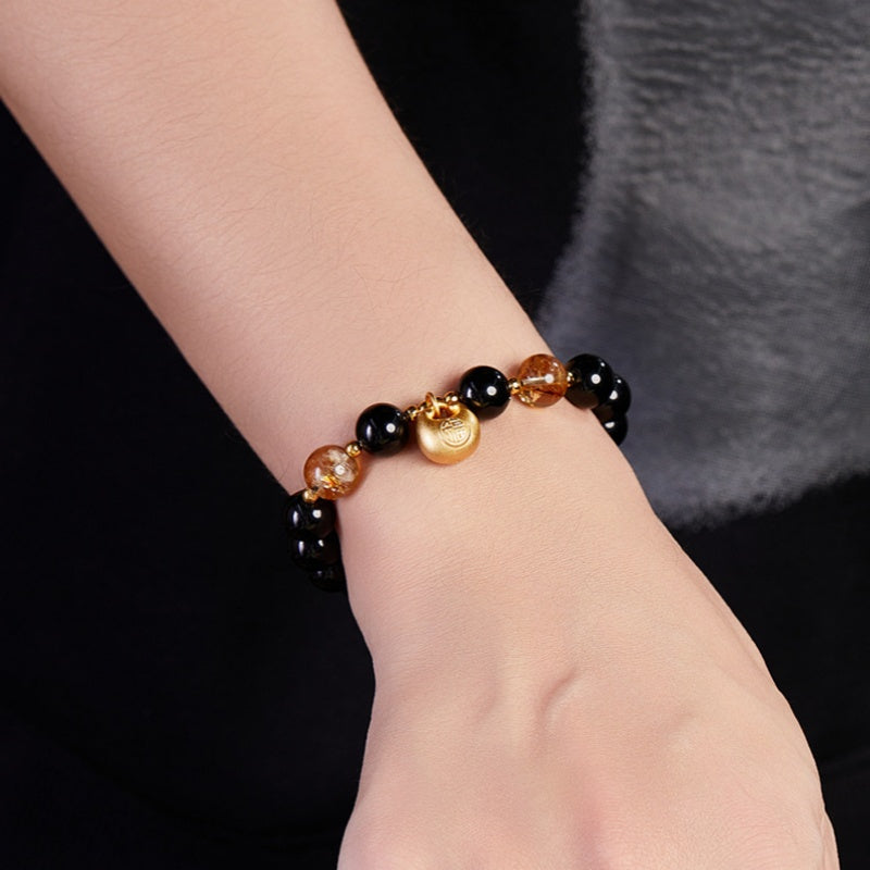 Fu Blessing Obsidian and Yellow Phantom Quartz Bracelet-Steady Fortune and Calm