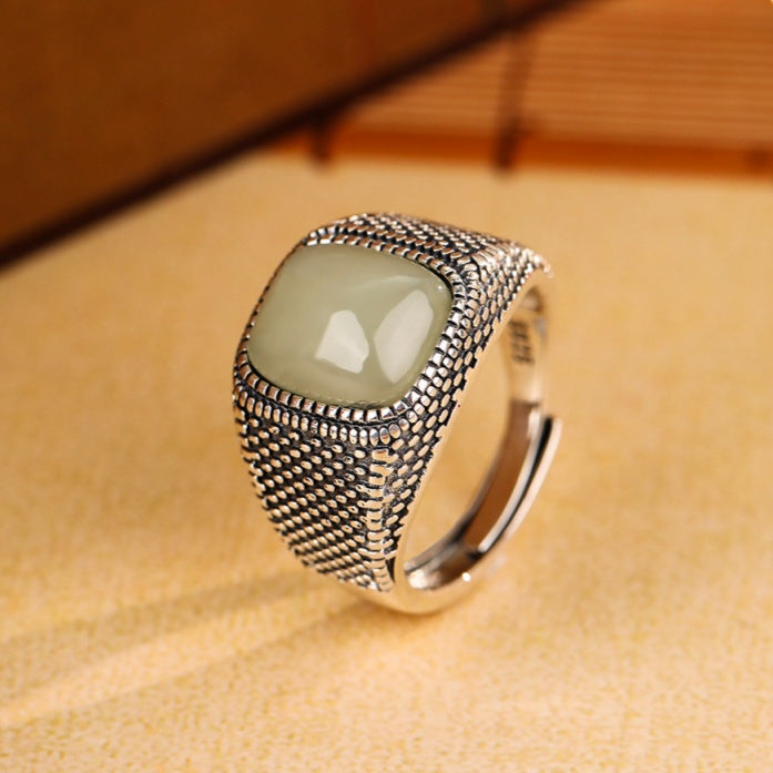 Cushion Nephrite Jade Textured S925 Silver Adjustable Ring-Quiet Composure