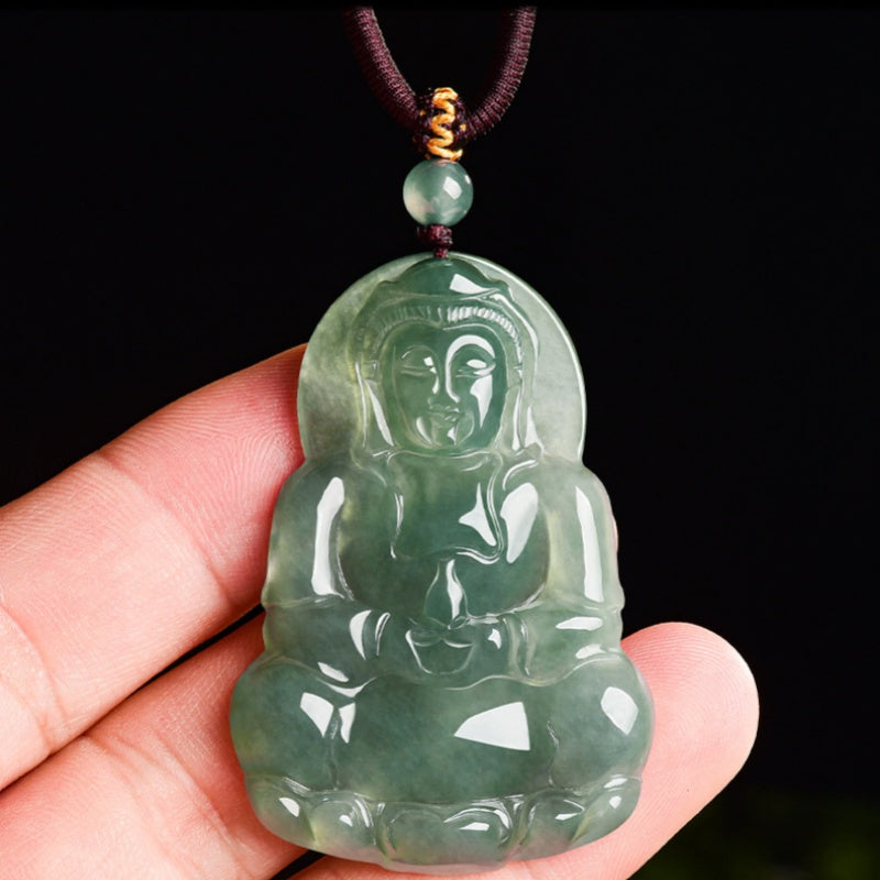 天然緑色氷種翡翠観音菩薩満願成就開運ペンダント