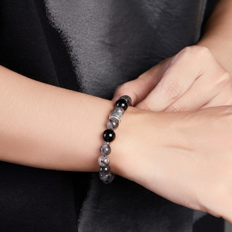 Obsidian and Black Rutilated Quartz Beaded Bracelet-Echoes of Wisdom