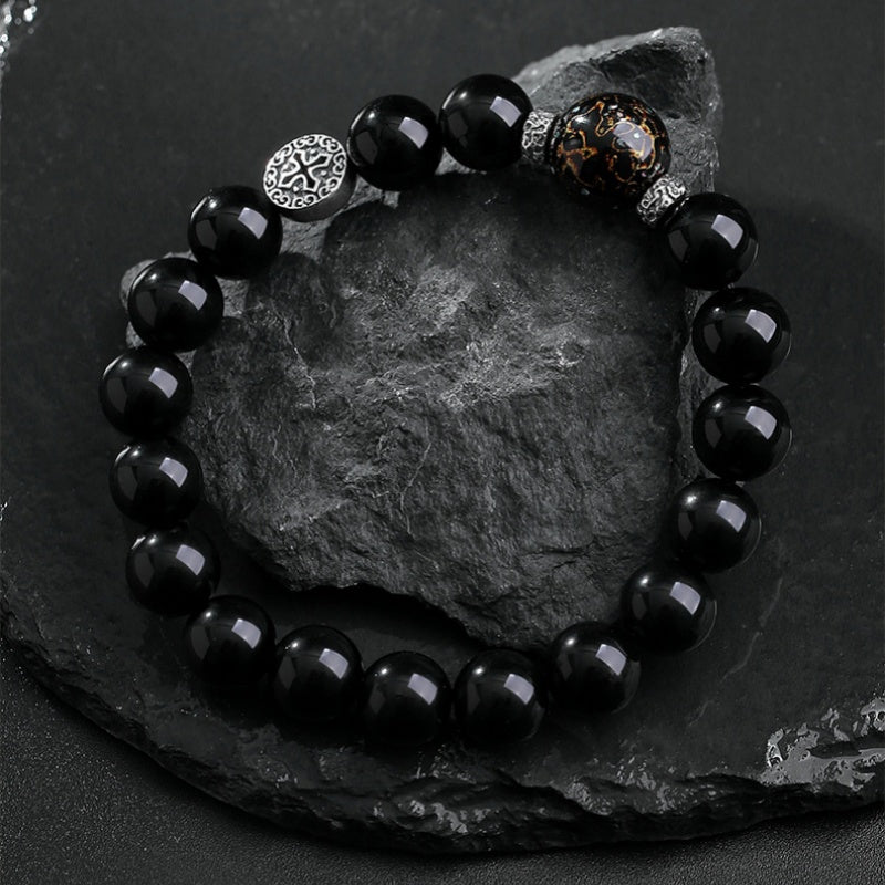 Steady Courage-Lacquered Ebony Bead Obsidian Bracelet