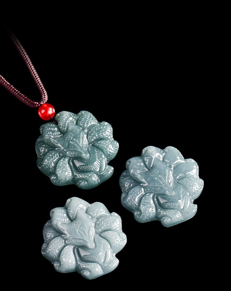 Nine-Tailed Fox Natural Blue Jadeite Pendant – Genuine A Jade Necklace in Glutinous Variety