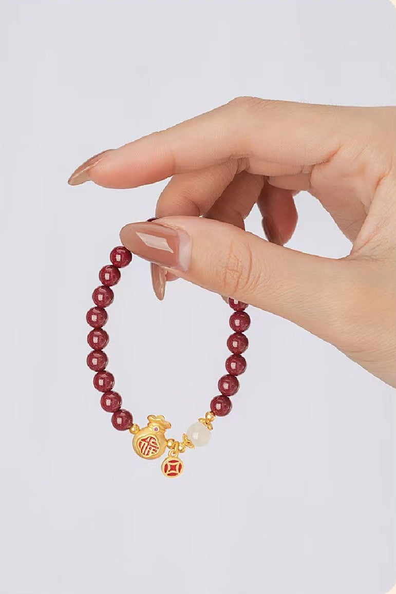 Gold Money Bag Cinnbar Beads Bracelet-Attract Luck