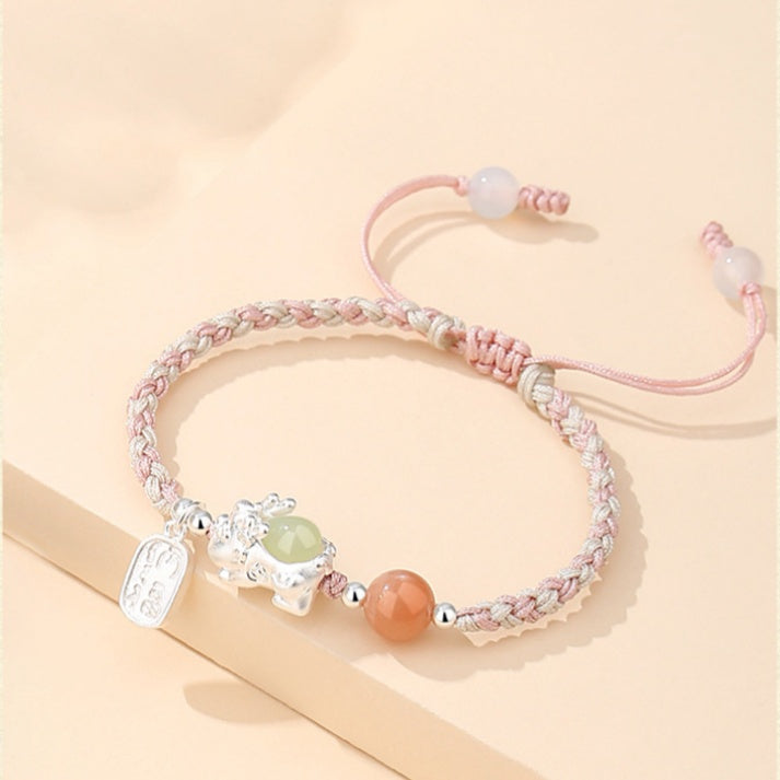 Pixiu Nephrite Jade Beaded Couple Cord Bracelet-Auspicious Protection