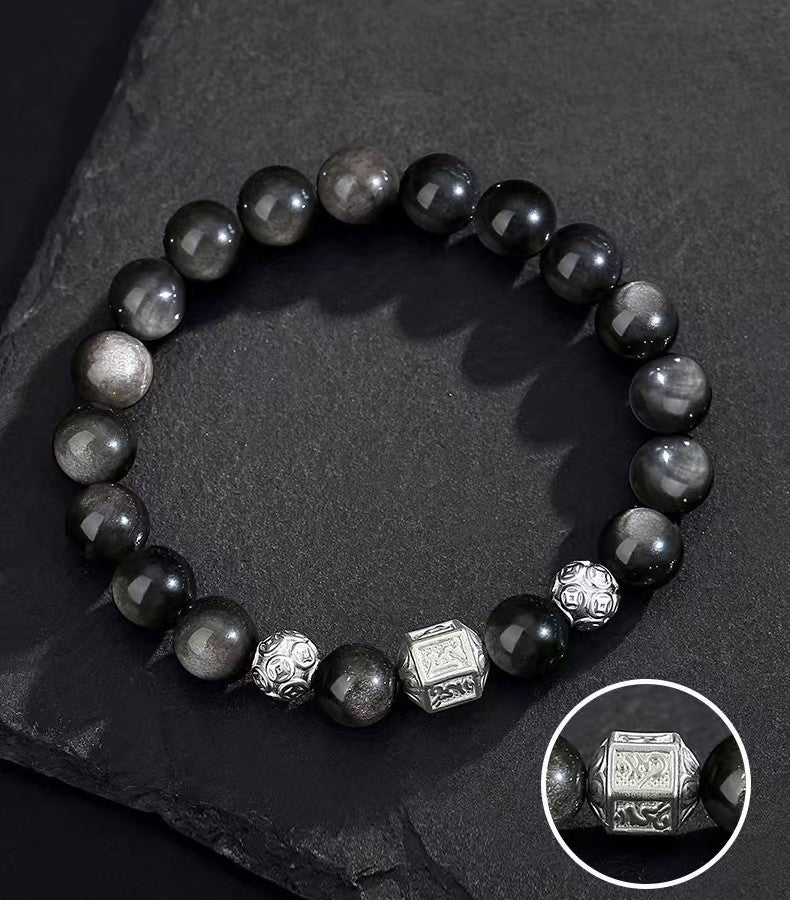Tibetan Six True Words Obsidian Men`s Bracelet-Protection&Luck