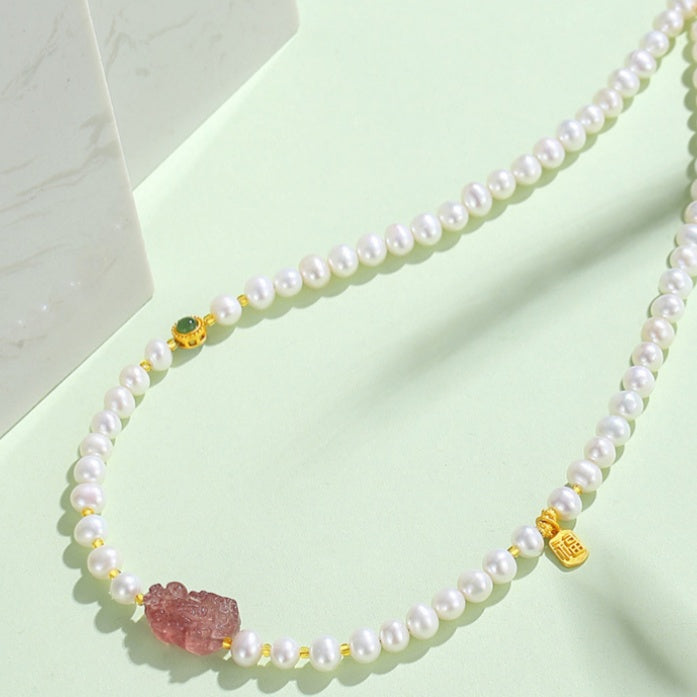 Pixiu Strawberry Quartz Sunstone Freshwater Pearl Bracelet-Joyful Blessings