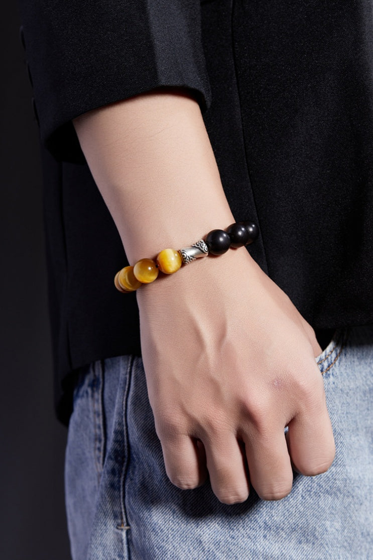 Steadfast Mountains and Seas-Obsidian Tiger's Eye and Ebony Beaded Bracelet
