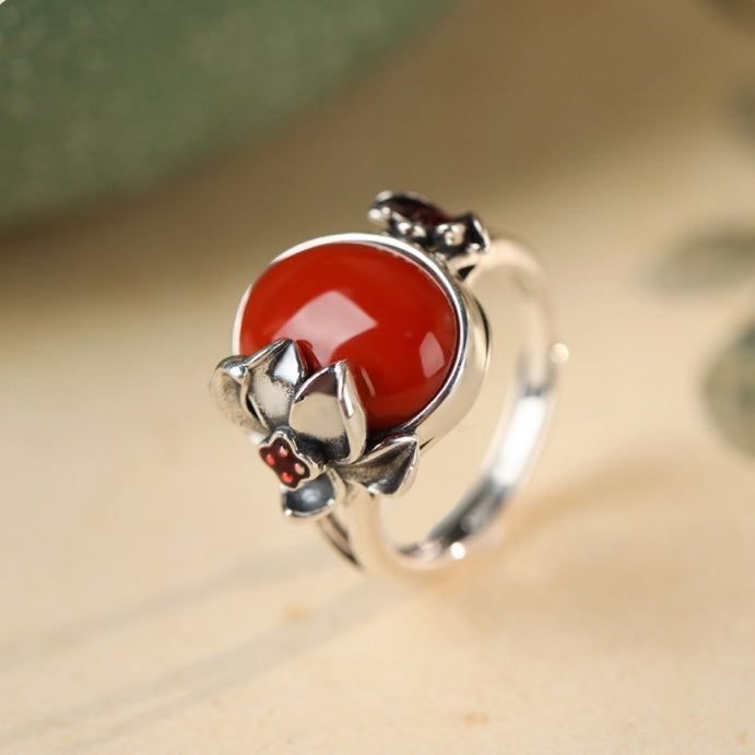 Crimson Bloom-Lotus Red Agate S925 Silver Ring