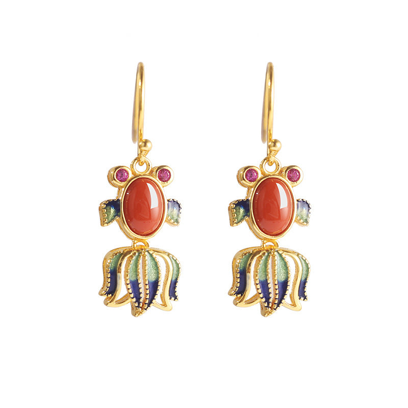 Koi Fish Nephrite Jade or Red Agate Drop Earrings-Wishes for Plenty