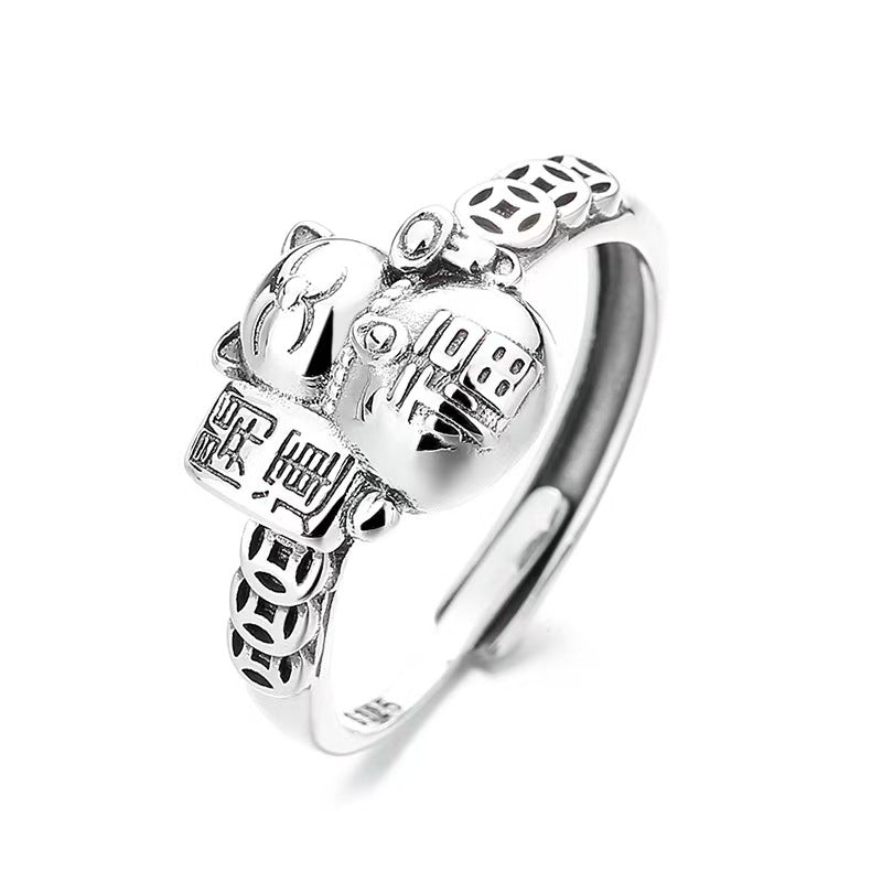 Wealth Cat Maneki Neko Silver Ring-Good Fortune and Luck