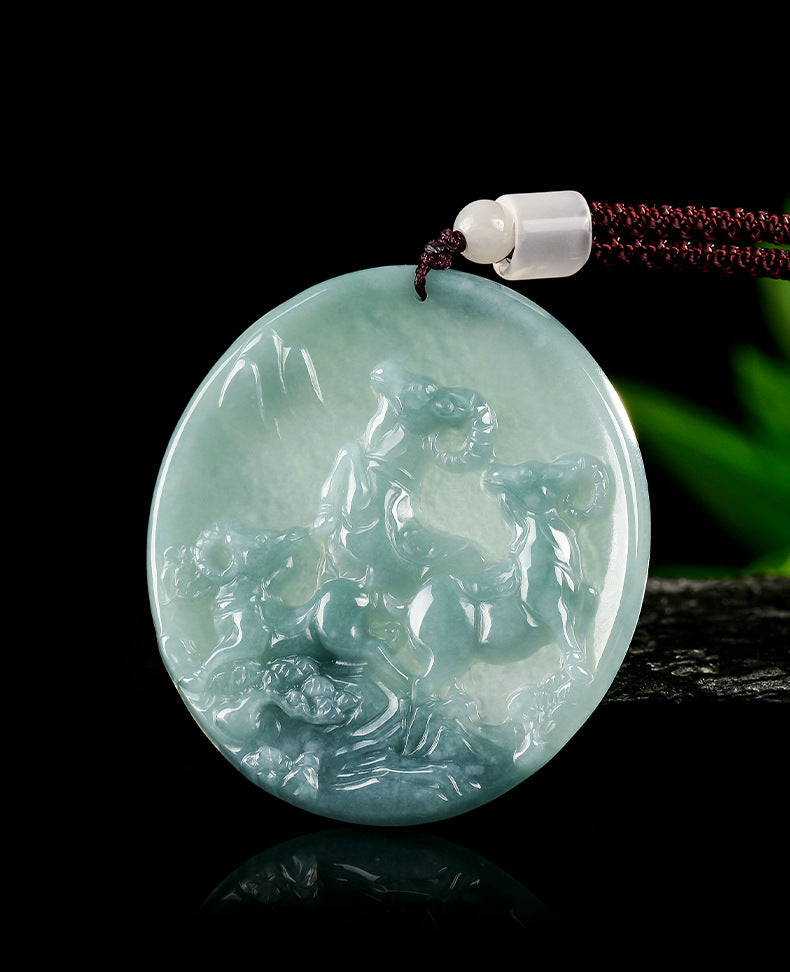 Grade A Blue Jadeite Goat Pendant – “Three Goats Bring Bliss” Carved Jade Amulet for Harmony & Prosperity