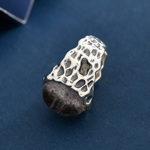 Black Ghost Crystal Classic Wide Band Silver Ring-Stress Relief and Emotional Balance