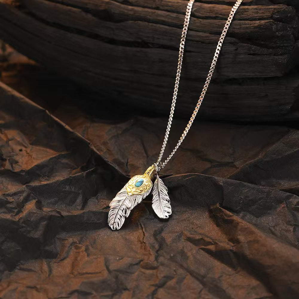 Natural Turquoise Silver Feather Necklace-Hope and Renewal