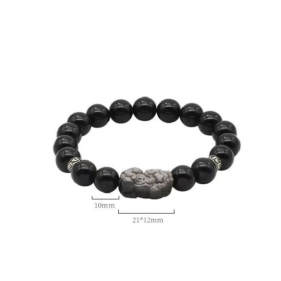 Silver Obisidian Pixiu Six True Words Bracelet-Attract Luck