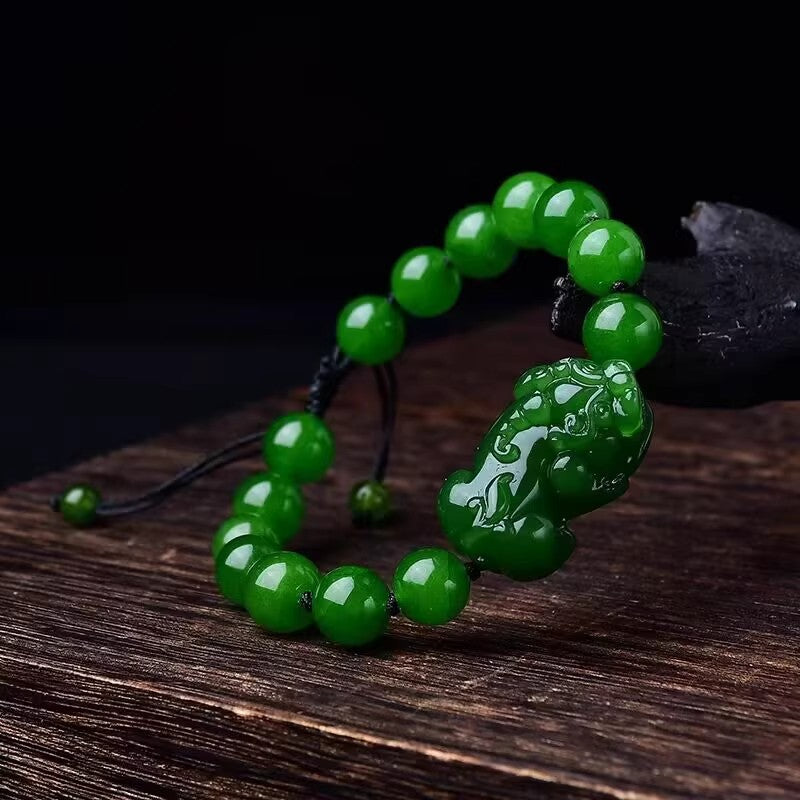 Naturgrüner Jade Pixiu Glücksperlen-Armband