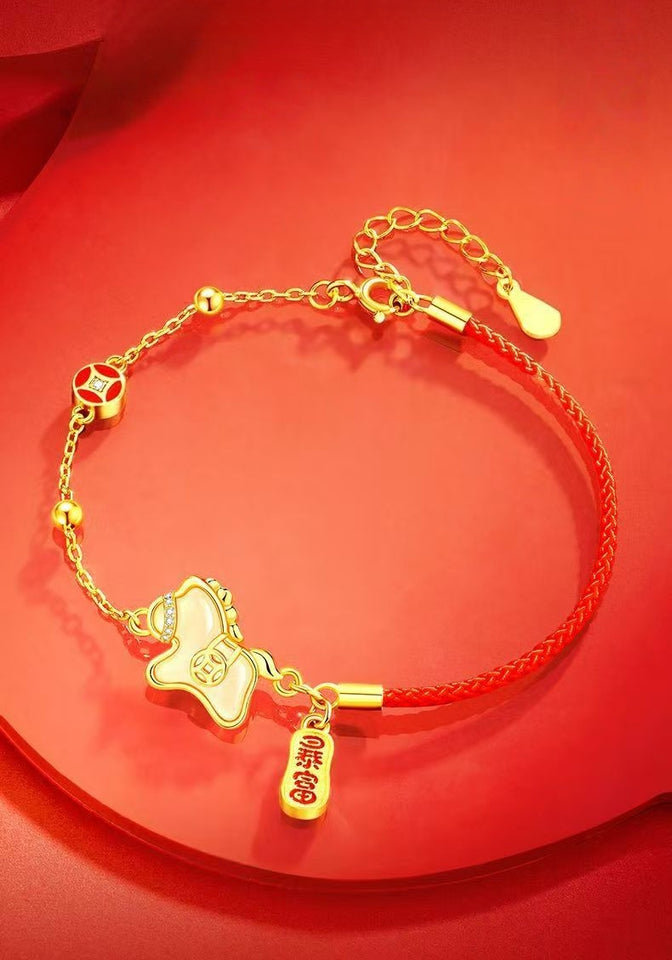 2026 Zodiac Horse Jade & Gold Bracelet –Wealth Comes Swiftly Red Cord Edition
