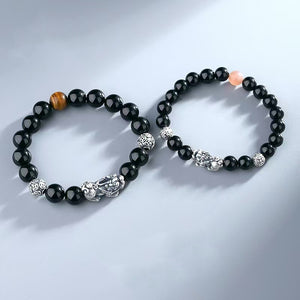 999 Silver Pixiu Black Obsidian Couple Bracelet-Protection and Wealth