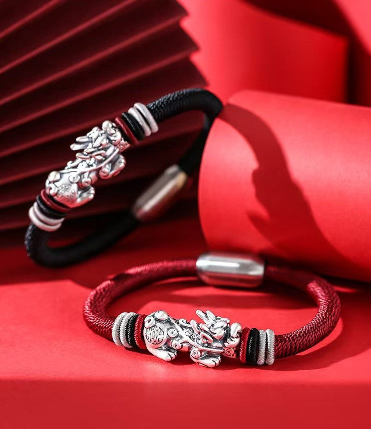999 Silver Pixiu Handmade Rope Magnetic Clasp Bracelet-Attract Wealth