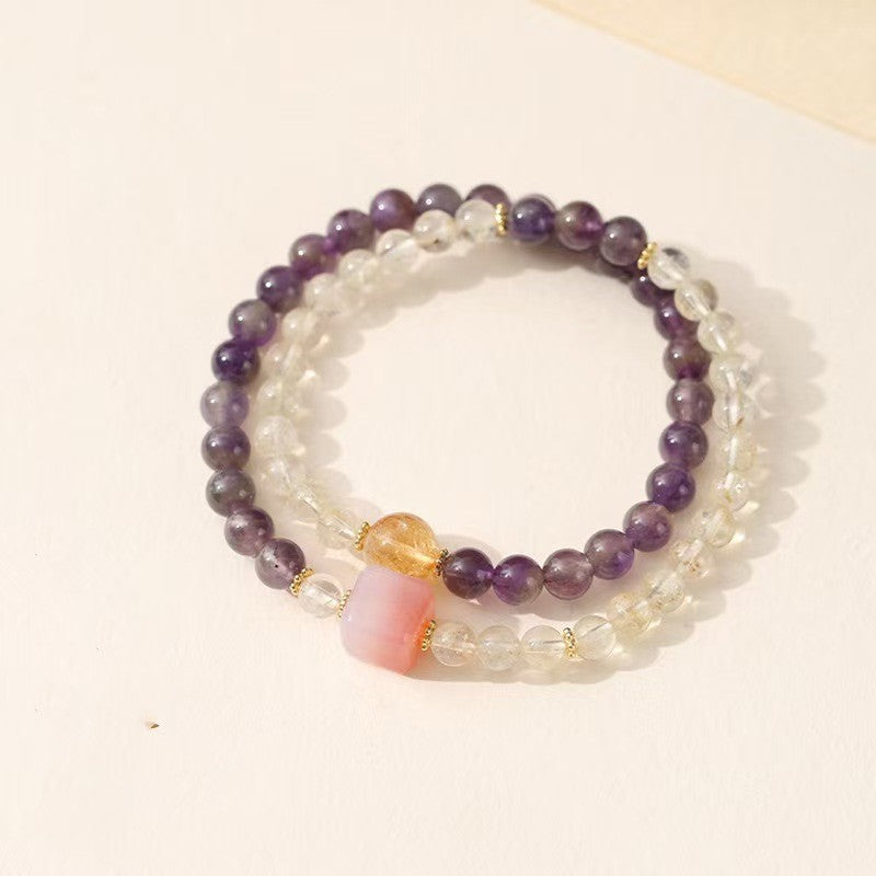 Square Pink Agate Amethyst and Citrine Double-Strand Bracelet