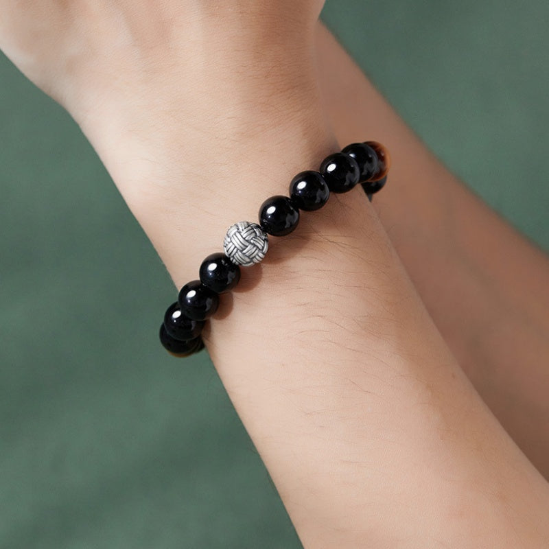 Intertwined Hearts-Fine Silver & Obsidian Bead Bracelet