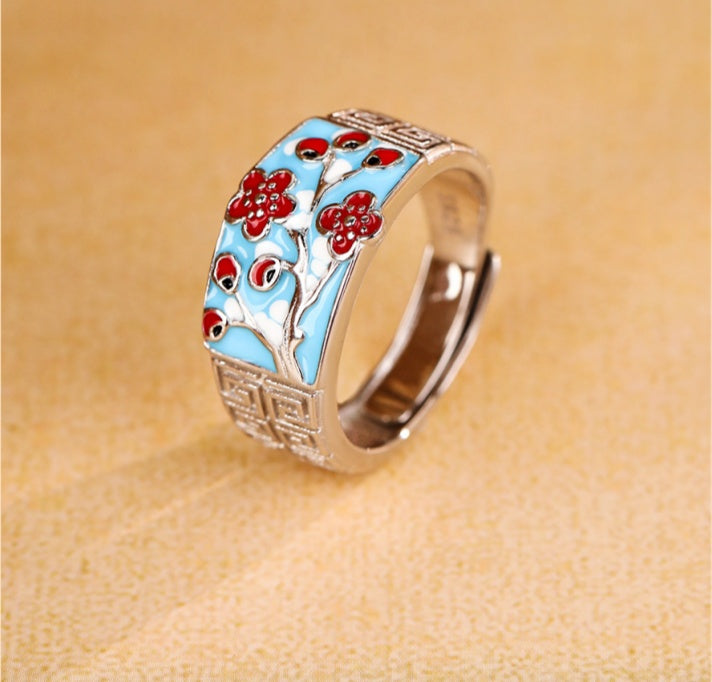 Winter Plum Blossom Enamel S925 Silver Adjustable Ring-Quiet Resilience
