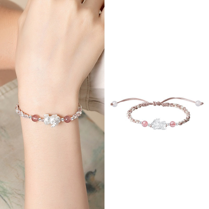 Pixiu Strawberry Quartz Grey Moonstone Couple Cord Bracelet-Joyful Blessing
