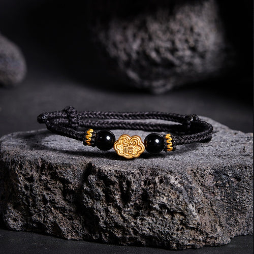 999 Sterling Silver & Obsidian Fortune Bracelet – Handmade Lucky Ruyi Knot Design
