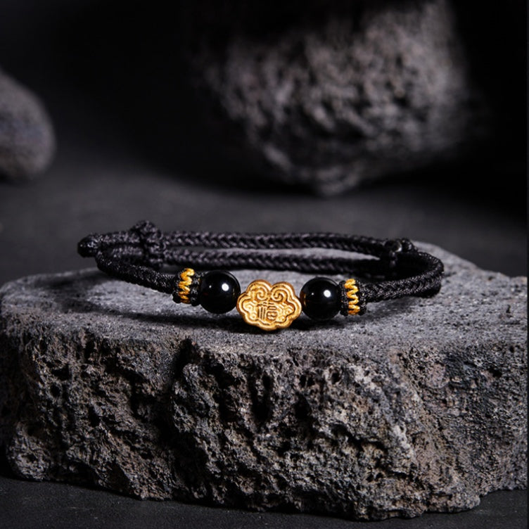 999 Sterling Silver & Obsidian Fortune Bracelet – Handmade Lucky Ruyi Knot Design