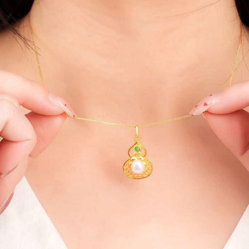 Blessings Close to Heart-Gourd Pearl and Green Jade Necklace