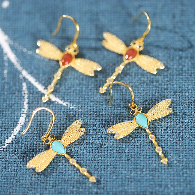 Dragonfly Turquoise & Red Agate Drop Earrings-Grace in Flight