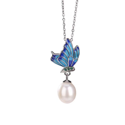 Natural Pearl Blue Enamel Butterfly Necklace-Peace and Harmony