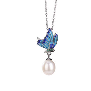 Natural Pearl Blue Enamel Butterfly Necklace-Peace and Harmony