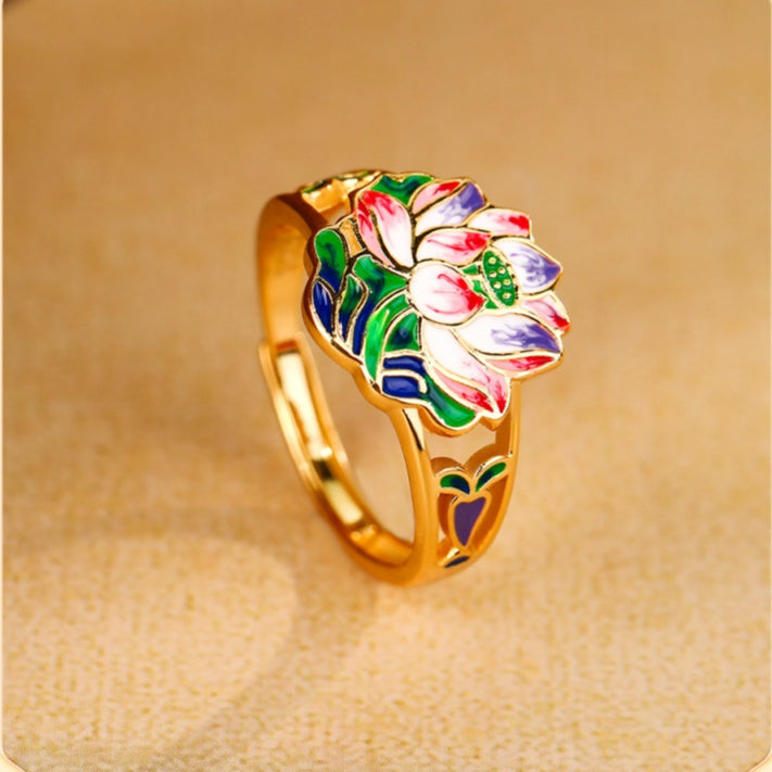 Delicate Bloom-Enamel Lotus Gold-Plated Ring