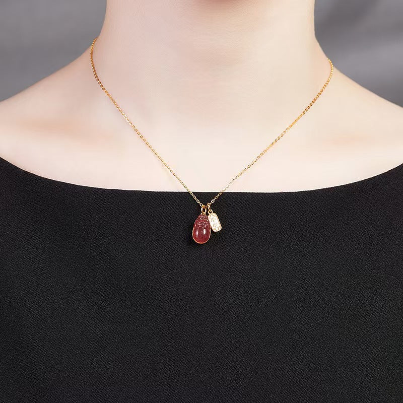 Strawberry Quartz Pixiu & Peace Amulet Pendant Necklace -Attract Luck& Peace