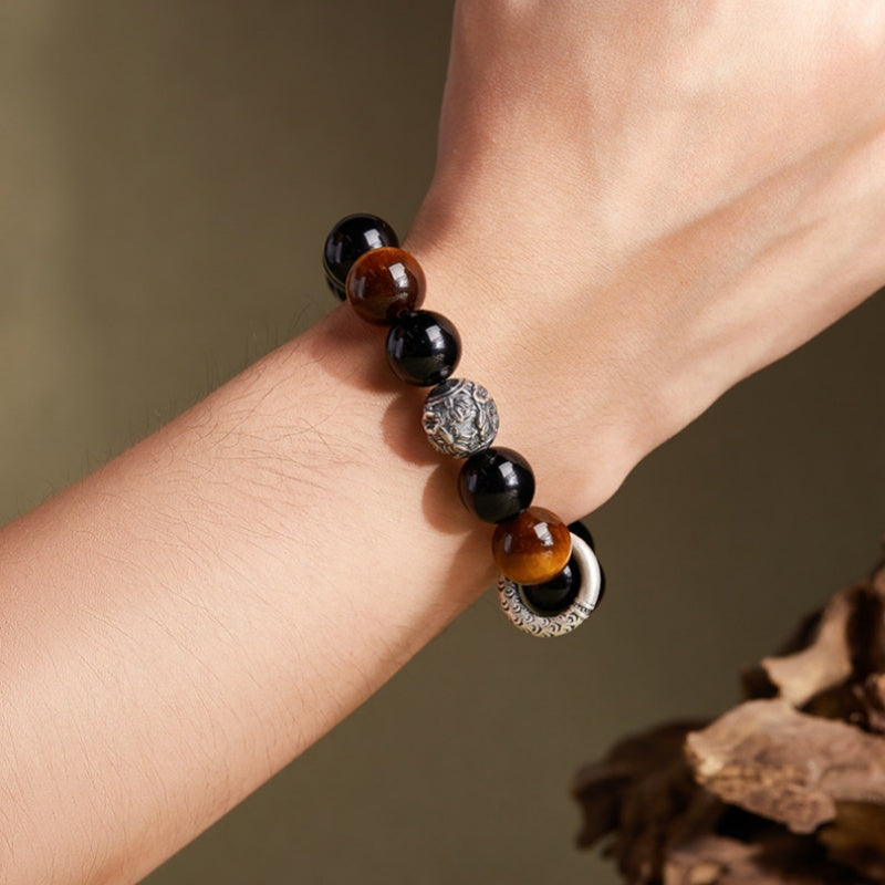 Peace Buckle Obsidian and Tiger's Eye Beaded Bracelet-Harmonious Strength