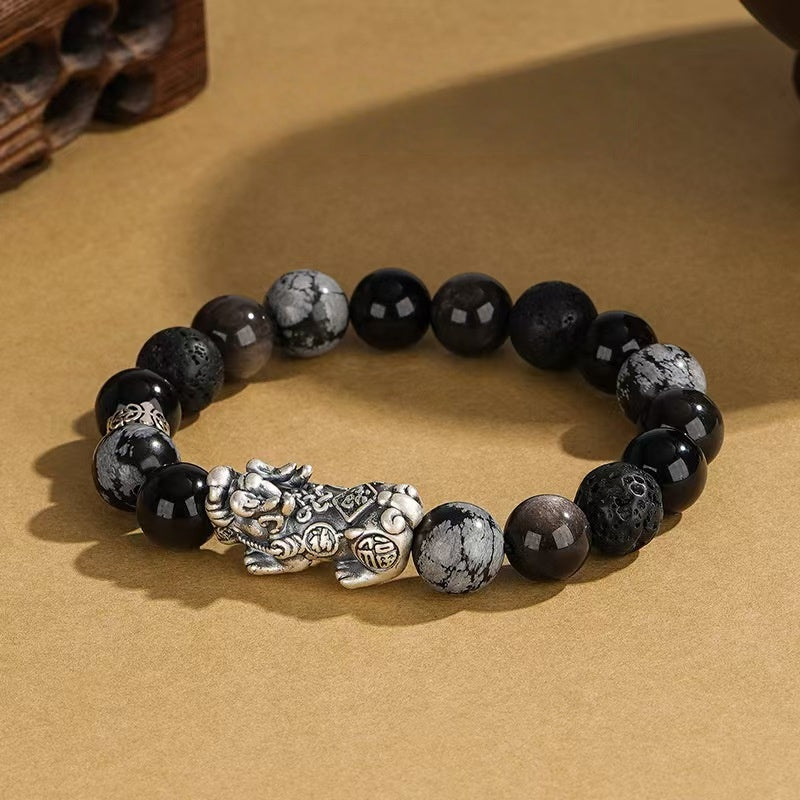 Guardian Flow Pixiu Obsidian & Lava Stone Silver Bracelet